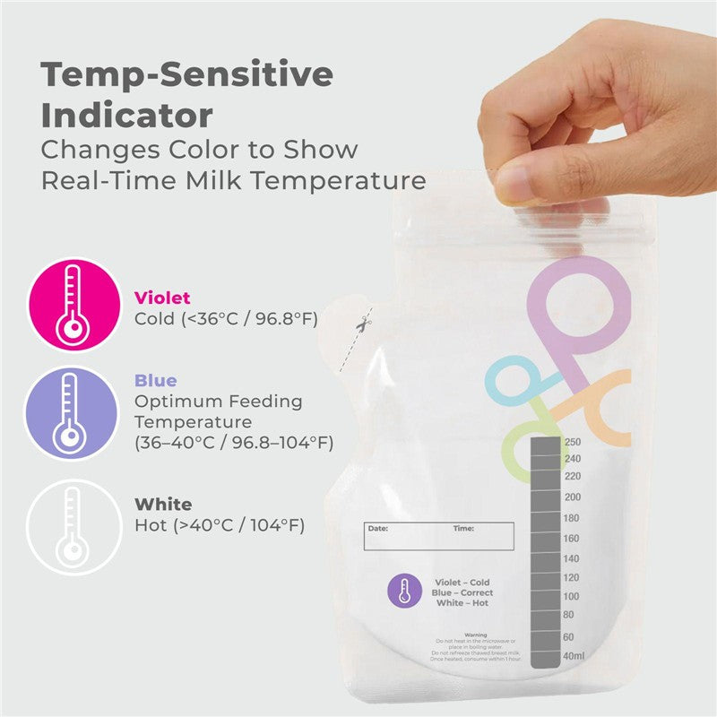 Primo Passi breastmilk storage bag featuring a temperature-sensitive indicator, showing color changes for milk temperature.