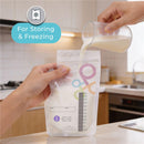 Breastmilk storage bag with milk being poured, featuring measurement scale and instructions for storing and freezing.