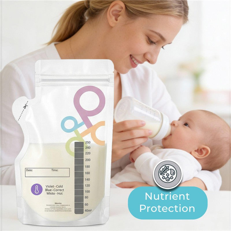 Breastmilk storage bag featuring measurement markings, with a woman feeding a baby a bottle nearby. Nutrient protection highlighted.
