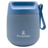 Insulated food jar for kids, Primo Passi, in dusty blue, with a handle and logo on its front.