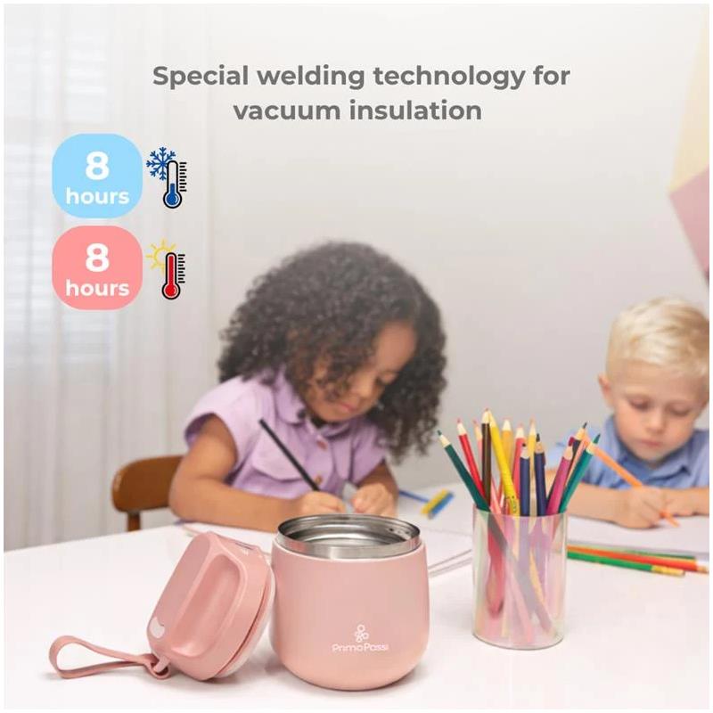 Insulated food jar for kids in dusty blue, featuring special welding technology. Two children draw at a table.