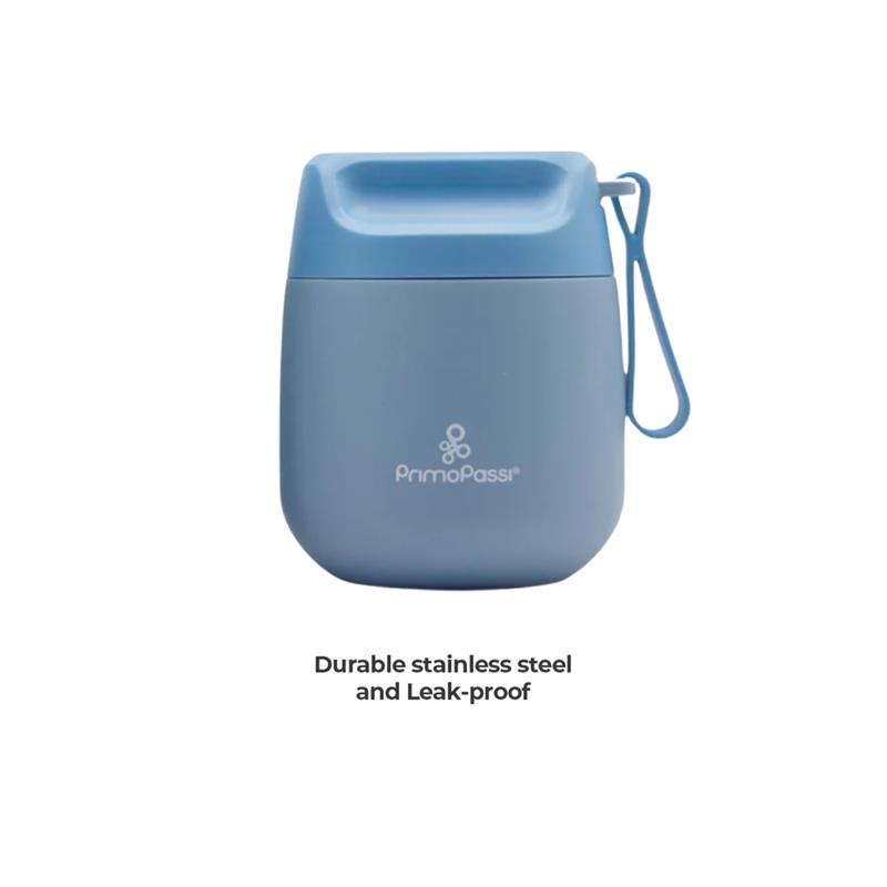 Primo Passi 12 oz insulated food jar in dusty blue, featuring durable stainless steel and a leak-proof design.
