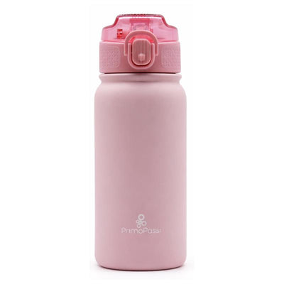 12 oz pink insulated straw water bottle by Primo Passi, featuring a secure lid and a sleek, smooth design.