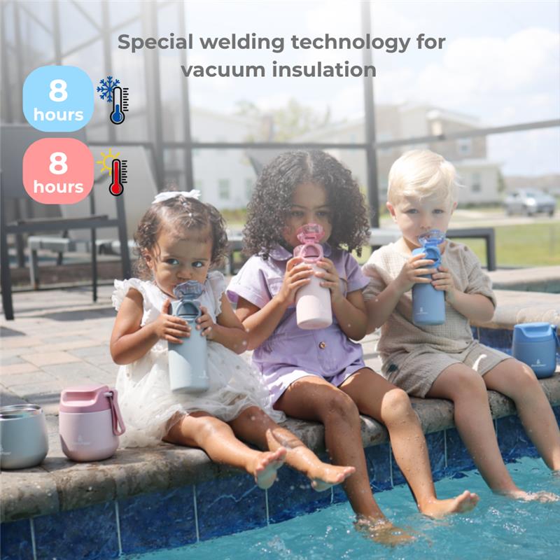 Three children sit by a pool, each holding a colorful insulated straw water bottle, enjoying refreshing drinks.