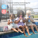Three children sit by a pool, each holding a colorful insulated straw water bottle, enjoying refreshing drinks.