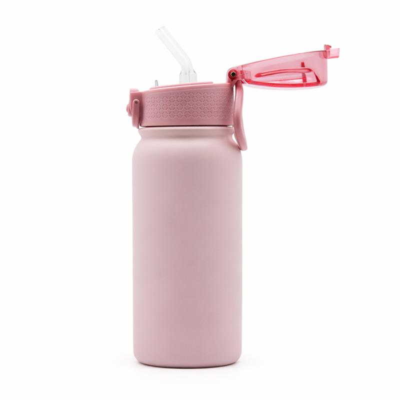Kids insulated straw water bottle in pink, featuring a flip-top lid and a built-in straw for easy drinking.