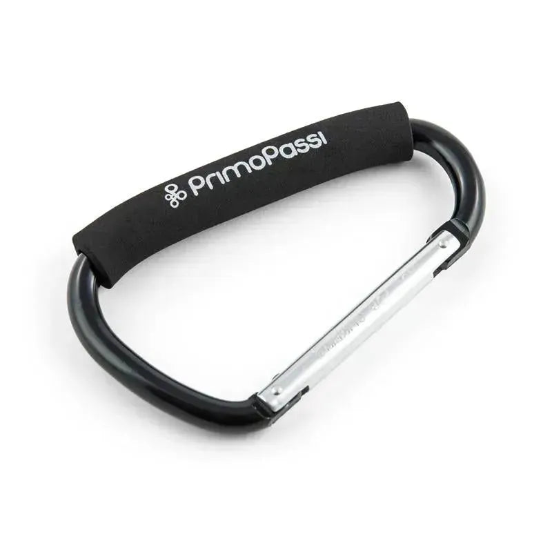 Black Primo Passi large stroller hook with a padded grip, designed for convenient attachment to strollers.