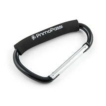 Black Primo Passi large stroller hook with a padded grip, designed for convenient attachment to strollers.
