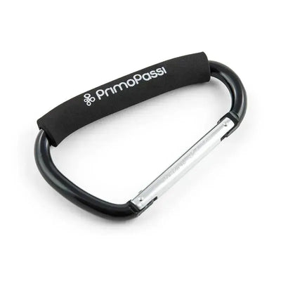 Black Primo Passi large stroller hook with a padded grip, designed for convenient attachment to strollers.