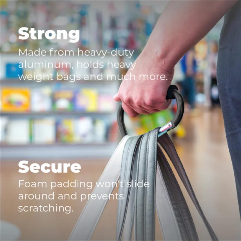 Large black stroller hook held by a hand, featuring foam padding for grip and support. Text highlights strength and security.