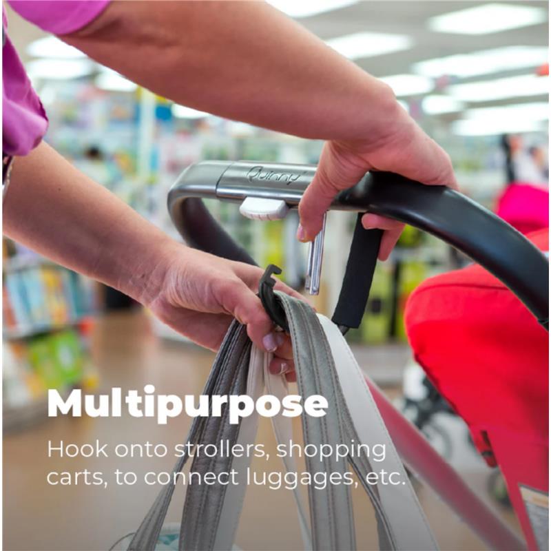Primo Passi large stroller hook in black, securely attaching bags to a stroller handle, demonstrating its multipurpose use.