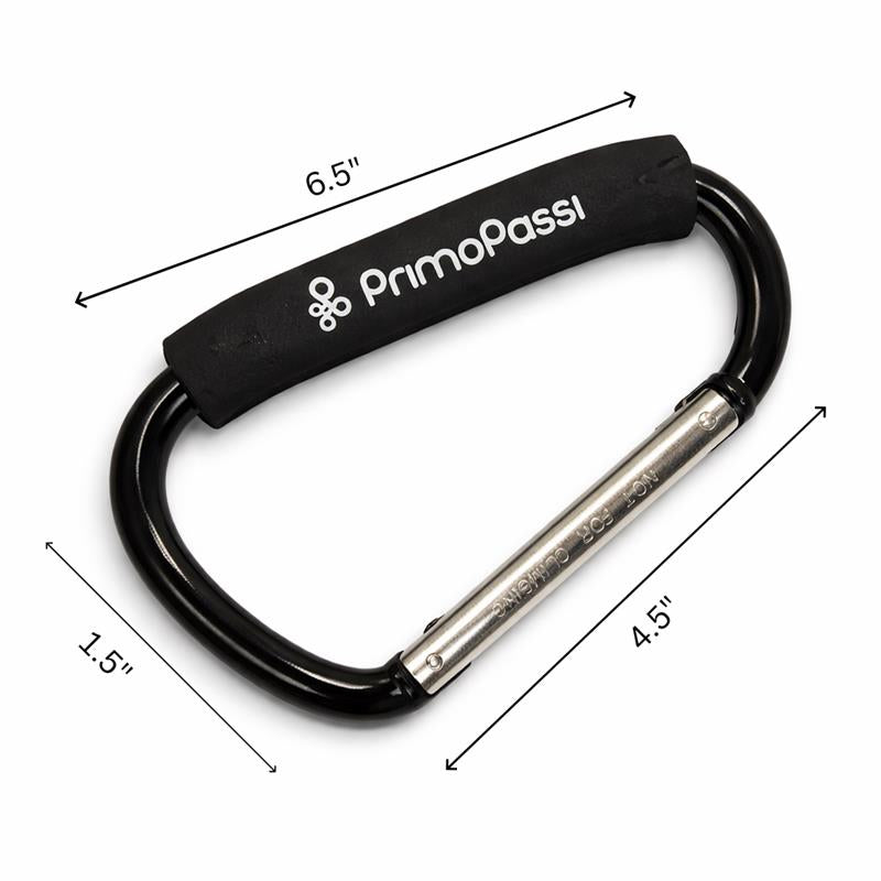 Black Primo Passi stroller hook with a padded grip, measuring 6.5 inches long and 1.5 inches wide, for easy carrying.