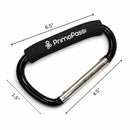 Black Primo Passi stroller hook with a padded grip, measuring 6.5 inches long and 1.5 inches wide, for easy carrying.