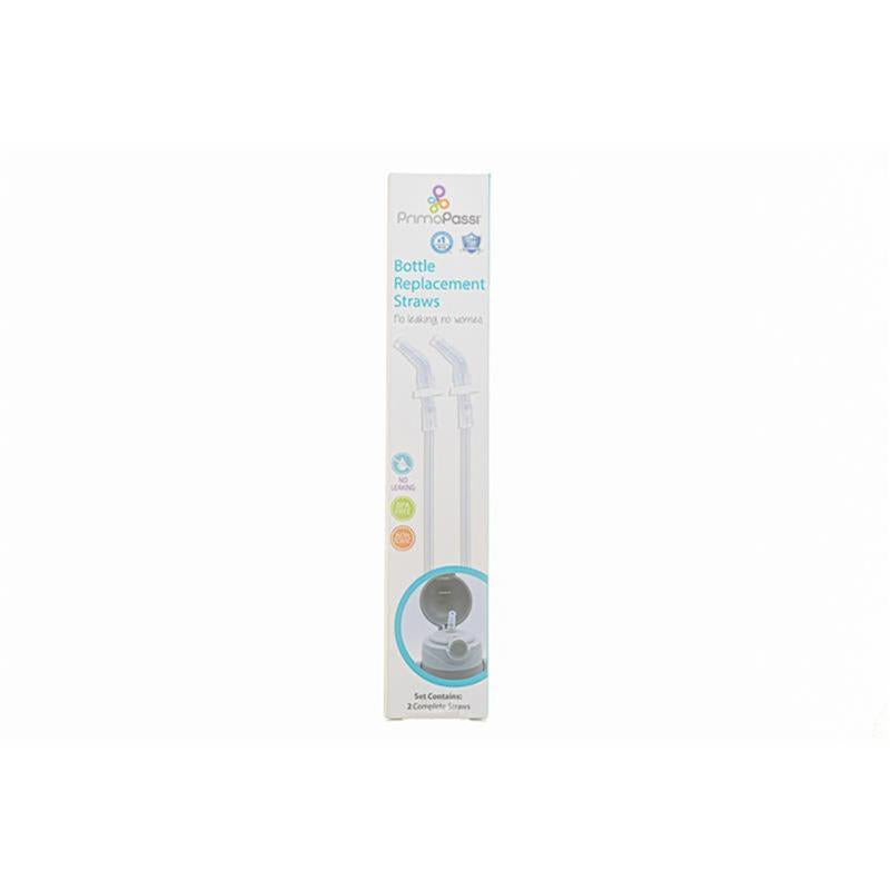 Primo Passi replacement straws for insulated bottles, featuring a box with two clear straws and a leak-proof design.