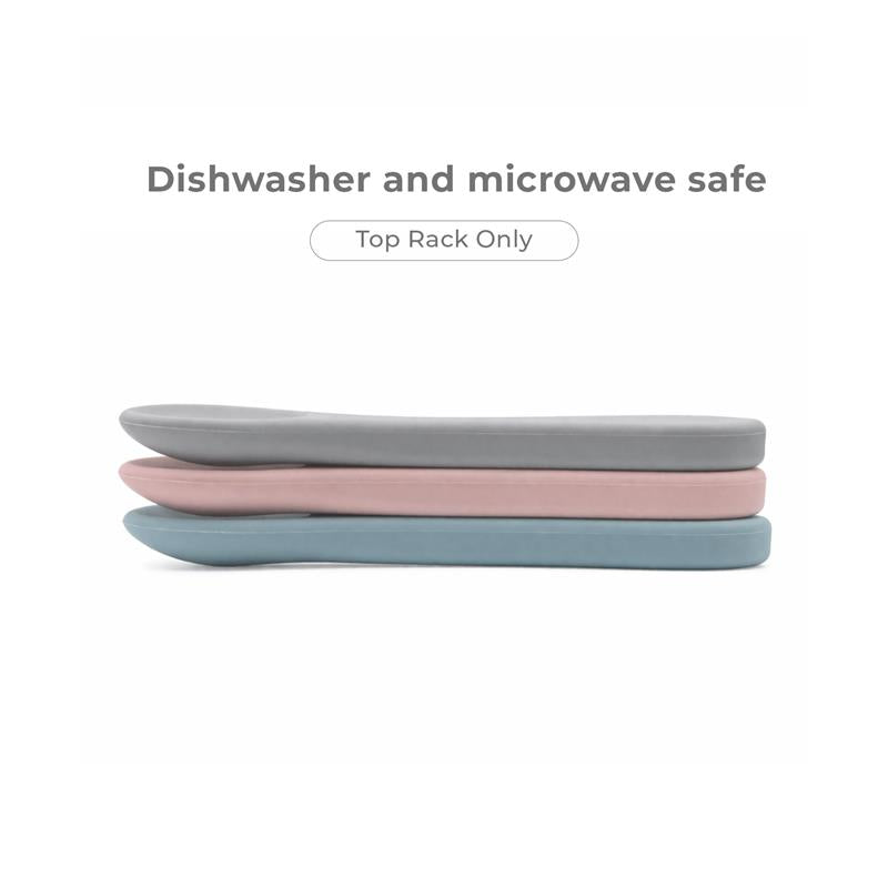 Silicone spoons in dusty blue, gray, and pink, labeled as dishwasher and microwave safe, top rack only.