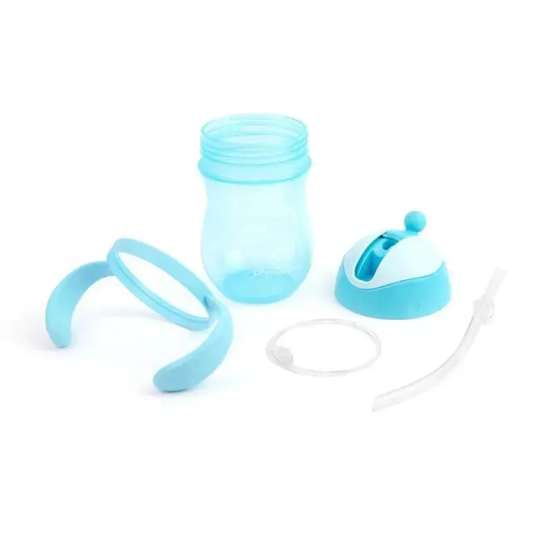 9 oz blue straw cup set, including a clear cup, straw, lid with a knob, and detachable handles.