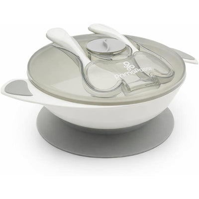 Suction bowl set in grey with lid, fork, and spoon, designed for toddlers. Features a wide base for stability.