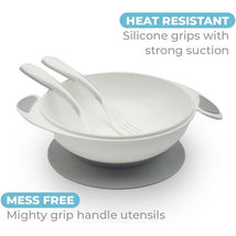 Primo Passi Baby Suction Bowl set in grey, featuring a heat-resistant bowl with silicone grips, fork, and spoon.