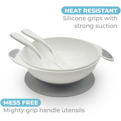 Primo Passi Baby Suction Bowl set in grey, featuring a heat-resistant bowl with silicone grips, fork, and spoon.