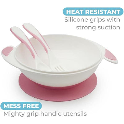 Primo Passi baby suction bowl set in light pink, featuring a heat-resistant bowl with silicone grips and included fork and spoon.