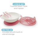 Light pink 3-piece baby suction bowl set featuring a bowl, fork, and spoon, includes a lid with utensil storage.