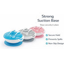 Primo Passi Baby Suction Bowl Set in light pink, gray, and blue; features a secure suction base, lid, fork, and spoon.