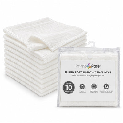 White Primo Passi Baby Washcloths in a pack of 10, showcasing a soft, textured design for gentle baby care.