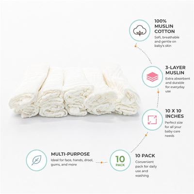 White Primo Passi Baby Washcloths in a 10-pack, made of 100% muslin cotton, 10x10 inches, suitable for everyday use.