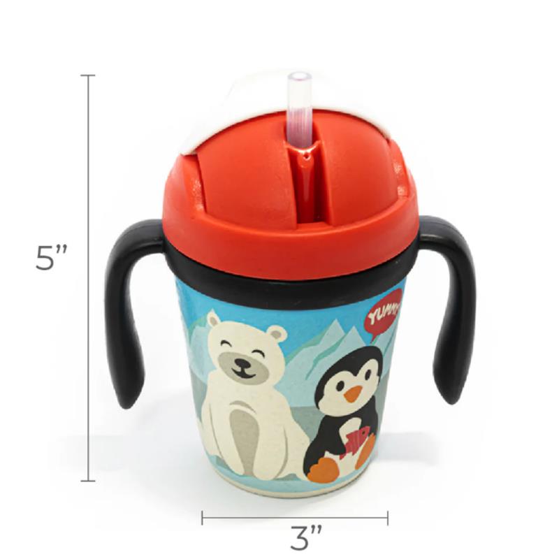 Bamboo fiber kids cup featuring a penguin and polar bear design, with a red lid, handles, and a straw.