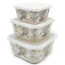 Bamboo food containers featuring a cute elephant design, stacked in three sizes with colorful cloud and star patterns.