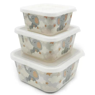 Bamboo food containers featuring a cute elephant design, stacked in three sizes with colorful cloud and star patterns.