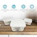Bamboo kids food containers featuring a cute elephant design, with dishwasher, refrigerator safety, eco-friendly, and stackable properties.