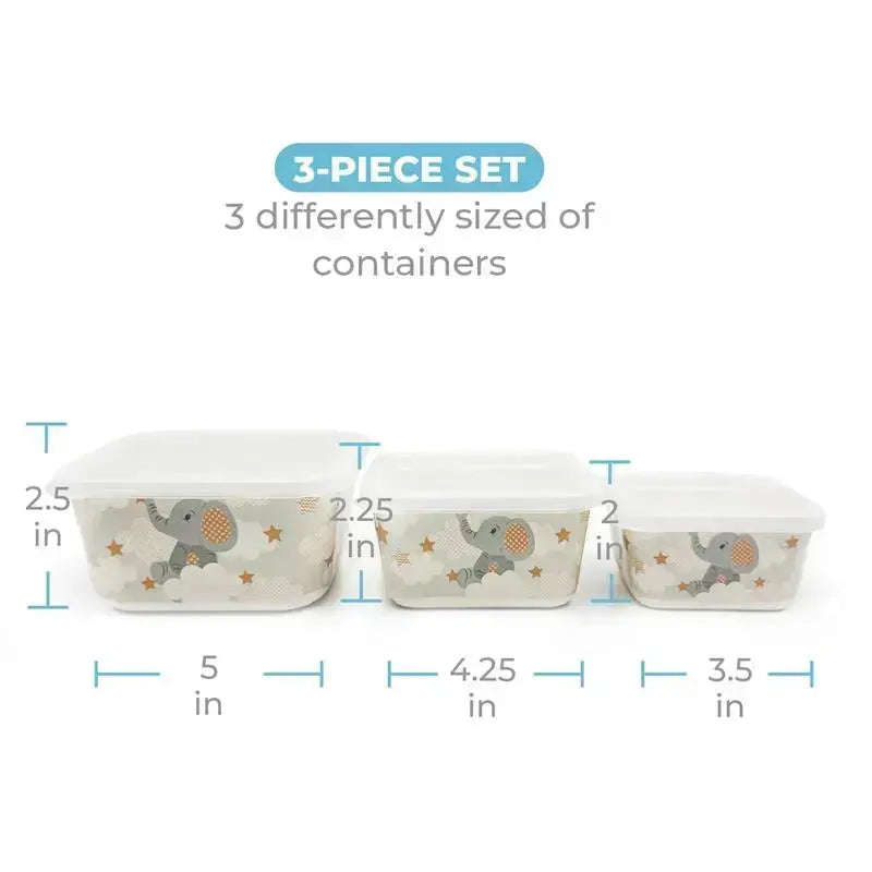 Three bamboo food containers featuring a little elephant design, measuring 5x2.5, 4.25x2.25, and 3.5x2 inches.