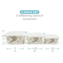 Three bamboo food containers featuring a little elephant design, measuring 5x2.5, 4.25x2.25, and 3.5x2 inches.