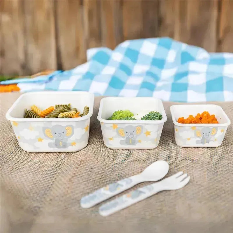 Bamboo food containers in three sizes featuring a cute elephant design with pasta, broccoli, and carrots, alongside a fork and spoon.