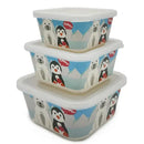 Bamboo fiber food containers featuring penguin and polar bear designs, stacked in three different sizes.