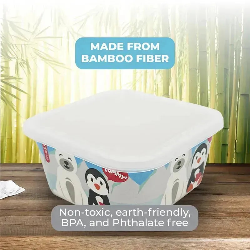 Bamboo fiber food container featuring winter-themed penguin and polar bear designs, labeled as non-toxic and eco-friendly.