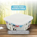 Bamboo fiber food container featuring winter-themed penguin and polar bear designs, labeled as non-toxic and eco-friendly.