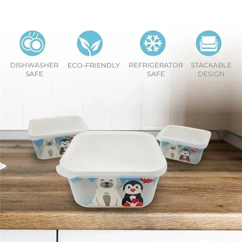 Bamboo food containers featuring penguin and polar bear designs, highlighting eco-friendliness and stackable features.