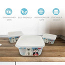 Bamboo food containers featuring penguin and polar bear designs, highlighting eco-friendliness and stackable features.