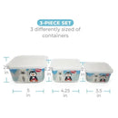 Bamboo food container set featuring penguin and polar bear designs in three sizes, labeled with measurements.