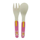 Bamboo fiber kids spoon and fork set by Primo Passi, featuring pink handles with bunny designs.