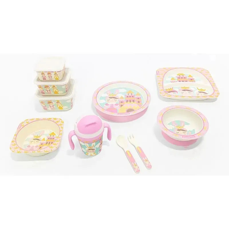 Bamboo fiber kids spoon and fork set by Primo Passi, featuring colorful, princess-themed bowls, plates, and a sippy cup.