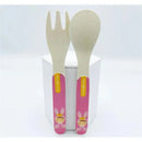 Bamboo fiber kids spoon and fork set by Primo Passi, featuring a pink handle with a rabbit illustration.