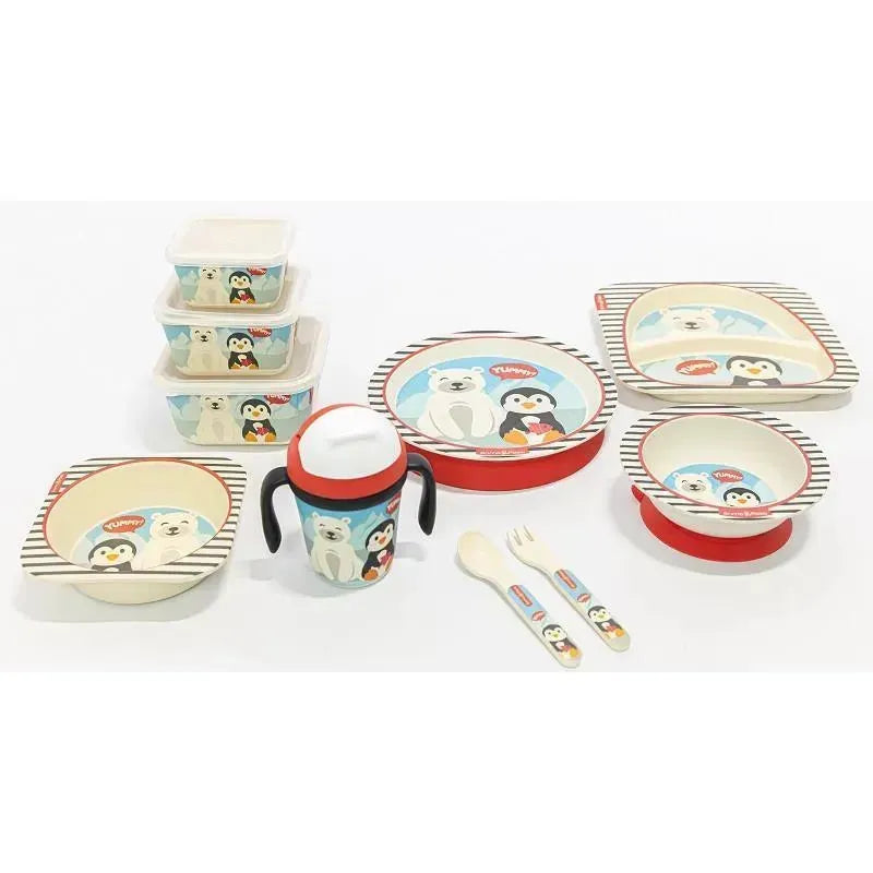 Bamboo fiber kids spoon and fork set featuring winter-themed penguin and polar bear designs, with matching dishes and containers.