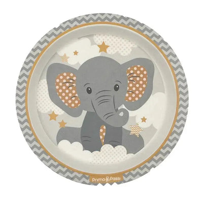 Bamboo fiber suction plate featuring a cartoon elephant design with polka-dotted ears and clouds.