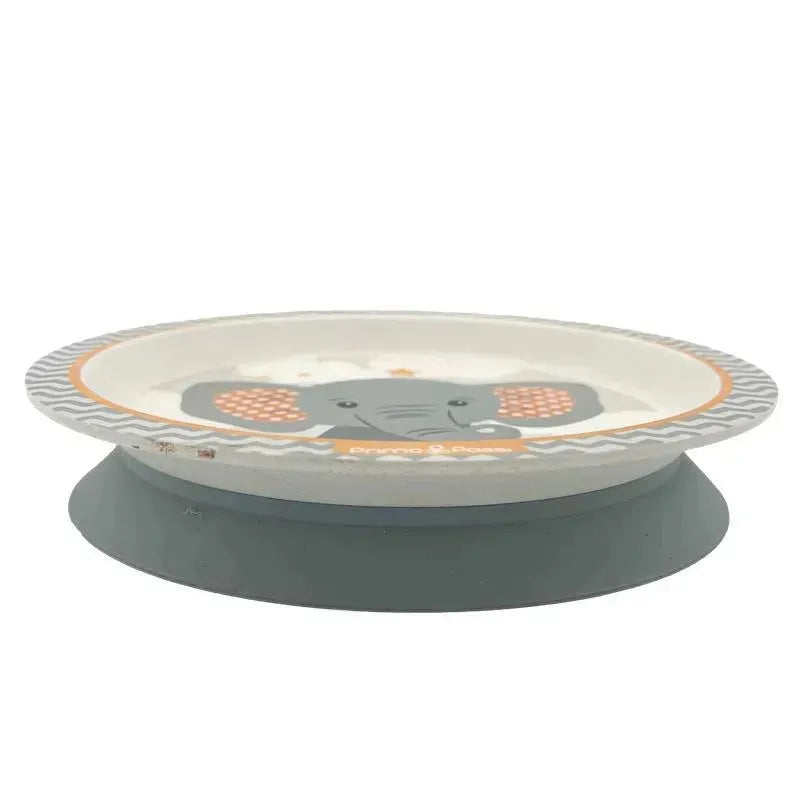Bamboo fiber suction plate for kids featuring a cute elephant design, with a non-slip base for stability.