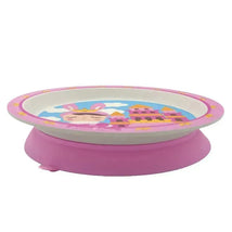Bamboo fiber kids suction plate featuring a pink rim, cartoon princess design, and a non-slip base.