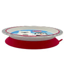 Bamboo fiber kids plate featuring a polar bear and penguin design, with a red suction base for stability.