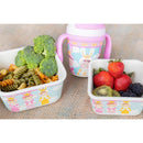 Bamboo fiber kids super combo set featuring a divided plate with pasta and broccoli, a bowl of strawberries and berries, and a cup.